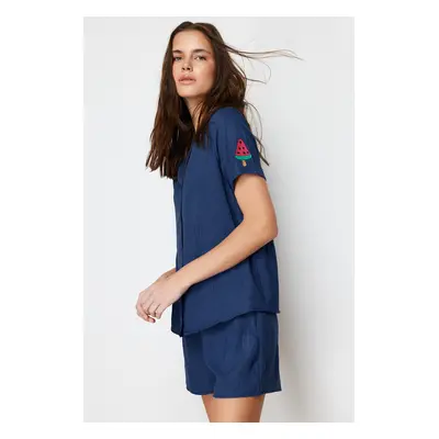 Trendyol Navy Blue Watermelon Embroidered Viscose Shorts Woven Pajama Set