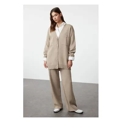 Trendyol Mink Buttoned Cardigan-Pants Knitwear Top-Top Set