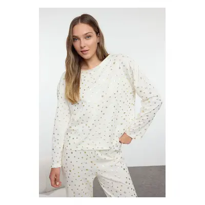 Trendyol Ecru 100% Cotton Foil Star Printed Knitted Pajama Set