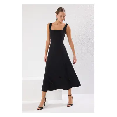 Trendyol Black Straight A-Line Stone Accessory Woven Finike Midi Unlined Stylish/Evening Dress