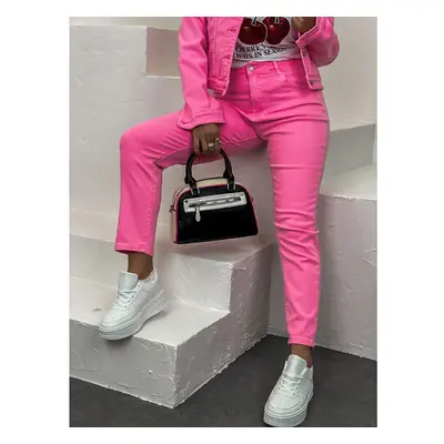 Neon pink mom fit rifle s vysokým pásom