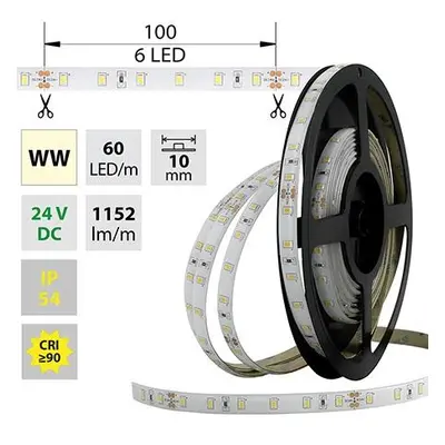 LED pásek SMD2835 WW, 60LED/m, 14,4W/m, 1152lm/m, IP54, DC 24V, 10mm, 5m