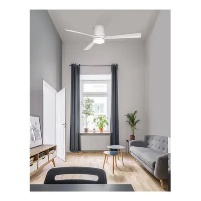 Stropní ventilátor se světlem SILKY matná bílá ocel a sklo bílé dřevené listy 5 rychlostí 35W LE