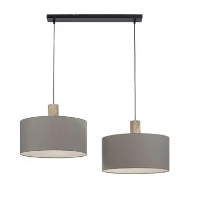 LINEN Závěsné svítidlo, tkanina, šedá, E27, dřevo, 2-ramenné - LEUCHTEN DIREKT / JUST LIGHT