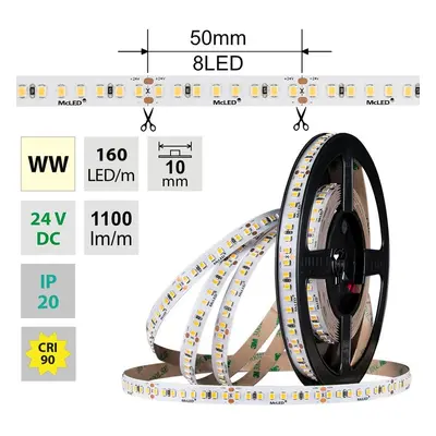 AKCE - LED pásek SMD2835 WW 160LED/m 9W/m DC 24V 1100lm/m 3000K CRI90 IP20 10mm 5m - McLED