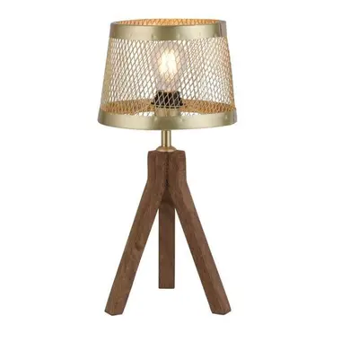 FREDERIK Stolní lampa, matná mosaz, 1xE27, šňůrový vypínač, dřevo - LEUCHTEN DIREKT / JUST LIGHT