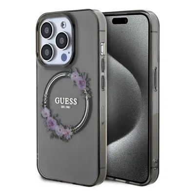 Pouzdro Guess PC/TPU Flowers Ring Glossy Logo MagSafe pro Apple iPhone 13 PRO Black