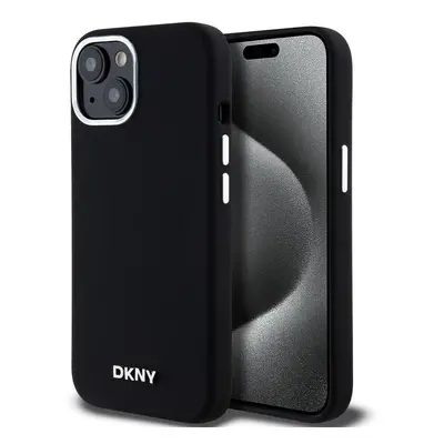 Pouzdro DKNY Liquid Silicone Silver Metal Logo Magsafe zadní kryt Apple iPhone 15 Black