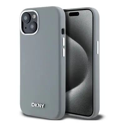 Pouzdro DKNY Liquid Silicone Silver Metal Logo Magsafe zadní kryt Apple iPhone 15 Grey