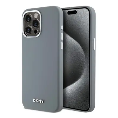 Pouzdro DKNY Liquid Silicone Silver Metal Logo Magsafe zadní kryt Apple iPhone 15 PRO MAX Grey