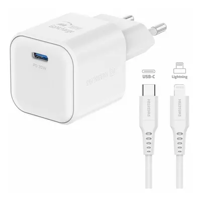 Nabíječka SWISSTEN GaN USB-C 20W POWER DELIVERY + iPhone USB-C / Lightning kabel bílá