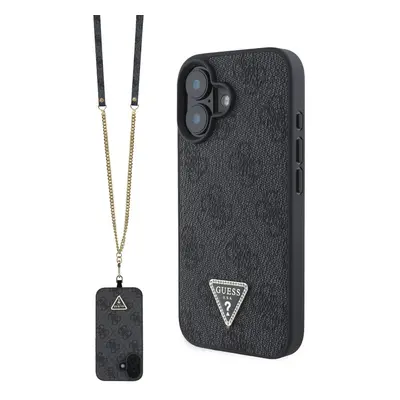 Pouzdro Guess PU 4G Strass Triangle Metal Logo kryt + Crossbody popruh Apple iPhone 16 Black