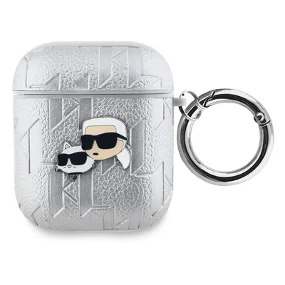 Pouzdro Karl Lagerfeld PU Embossed Karl and Choupette Heads Apple AirPods 1/2 Silver