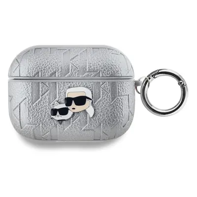 Pouzdro Karl Lagerfeld PU Embossed Karl and Choupette Heads Apple AirPods PRO Silver