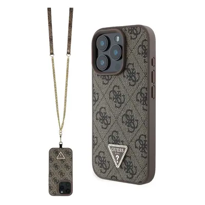 Pouzdro Guess PU 4G Strass Triangle Metal Logo kryt + Crossbody popruh Apple iPhone 16 PRO Brown