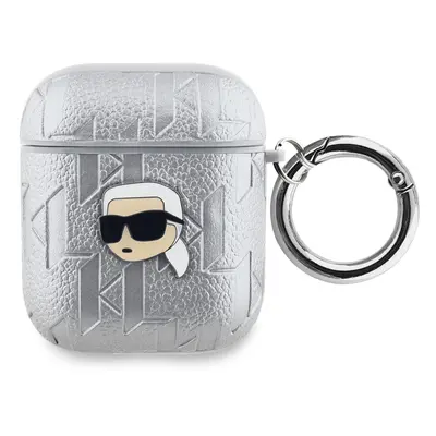 Pouzdro Karl Lagerfeld PU Embossed Karl Head Apple AirPods 1/2 Silver