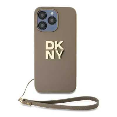 Pouzdro DKNY PU Leather Stack Logo Wrist Strap zadní kryt Apple iPhone 14 PRO MAX Beige