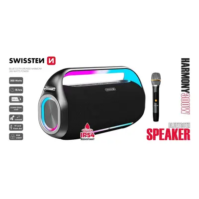 Reproduktor Swissten SoundBOX Harmony 300W, 3x Repro, 30000mAh, IP54, Karaoke, Mikrofon, BT, čer