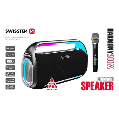 Reproduktor Swissten SoundBOX Harmony 200W, 4x Repro, 18000mAh, IP54, Karaoke, Mikrofon, BT, čer