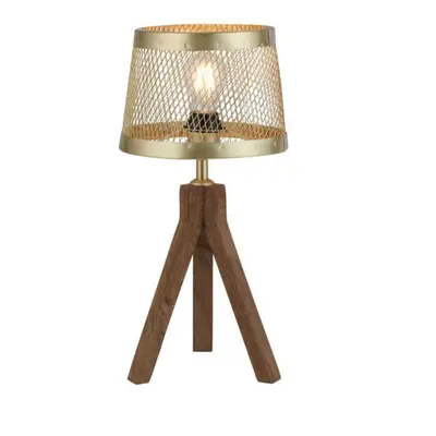 LEUCHTEN DIREKT is JUST LIGHT Stolní lampa, matná mosaz, 1xE27, šňůrový vypínač, dřevo