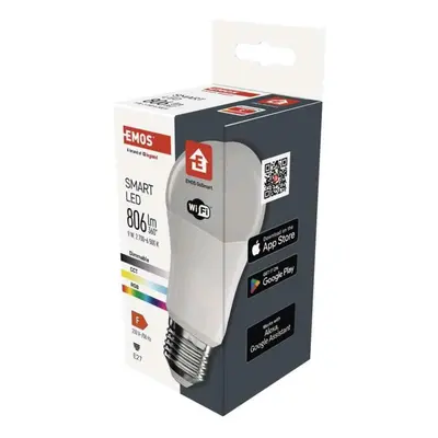 EMOS Chytrá LED žárovka GoSmart A60 / E27 / 9 W (60 W) / 806 lm / RGB / stmívatelná / Wi-Fi ZQW5