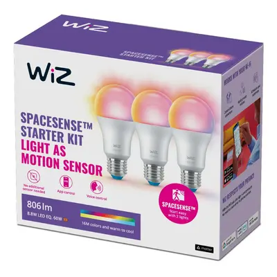 WiZ SET 3x LED žárovka E27 A60 8,8W 806lm 2200-6500K RGB IP20, stmívatelná