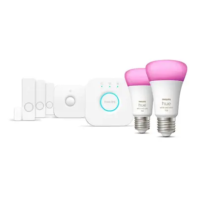 Philips HUE Secure základní sada - 2x E27 9W 1100lm 2000-6500K RGB + Bridge + pohybový senzor + 