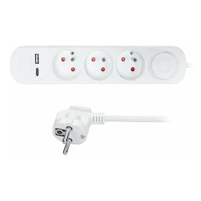 Solight 3z prodlužovací přívod s USB A+C nabíječkou 2.4A, 2m, 3 x 1mm2, bílý, vypínač PP111USBC