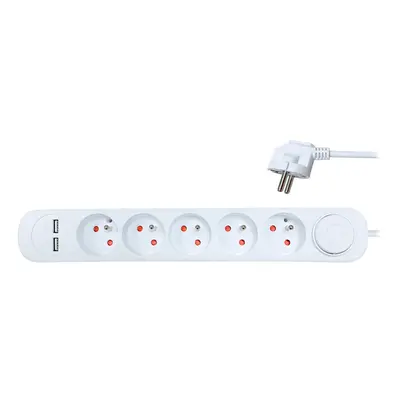 Solight prodlužovací přívod 5 zásuvek, USB A+A nabíječka 12W, 3m, 3 x 1mm2, bílý, vypínač PP152U