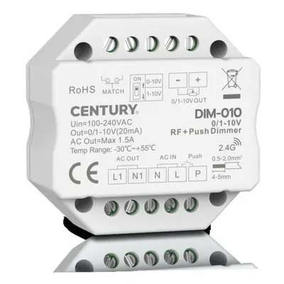 CENTURY LED stmívač 1 kanál 0-10V + PUSH DIM RF 220-240V