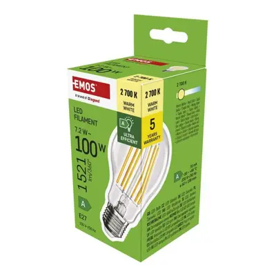 EMOS LED žárovka Filament A60 A CLASS / E27 / 7,2 W (100 W) / 1521 lm / teplá bílá ZF5167