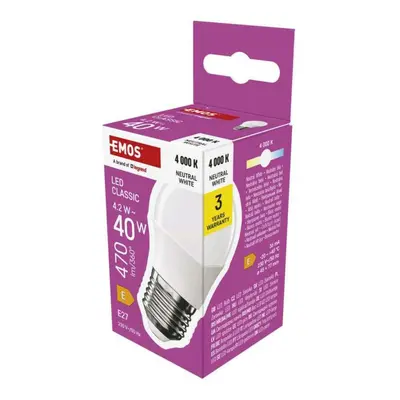 EMOS LED žárovka Classic Mini Globe / E27 / 4,2 W (40 W) / 470 lm / neutrální bílá ZQ6E23