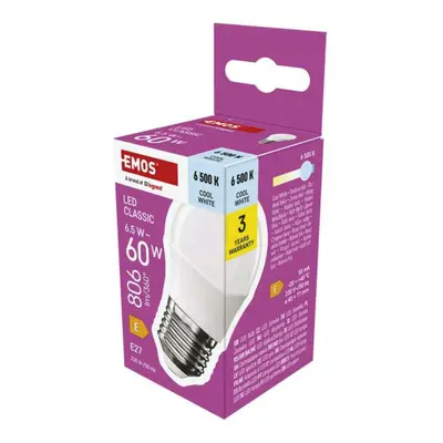 EMOS LED žárovka Classic Mini Globe / E27 / 6,5 W (60 W) / 806 lm / studená bílá ZQ6E44