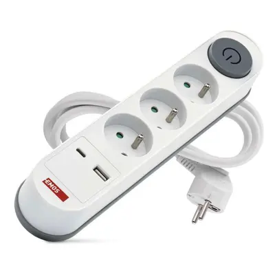 EMOS Prodlužovací kabel 2 m / 3 zásuvky / s vypínačem / bílý / 1×USB-A + 1×USB-C / 1,5 mm2 P1312