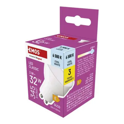 EMOS LED žárovka Classic MR16 bílá / GU10 / 3 W (32 W) / 345 lm / studená bílá ZQ8E14