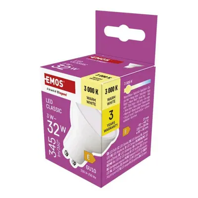 EMOS LED žárovka Classic MR16 bílá / GU10 / 3 W (32 W) / 345 lm / teplá bílá ZQ8E12