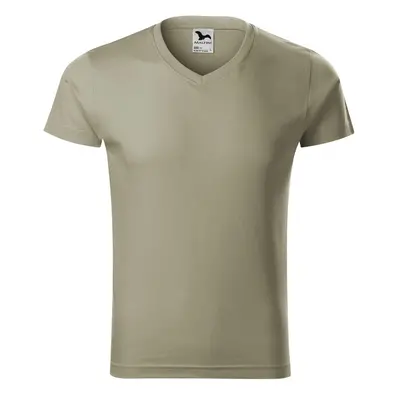 MALFINI Pánské tričko Slim Fit V-neck - Světlá khaki