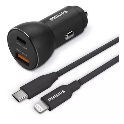 Set nabíječky do auta a napájecího kabelu Philips DLP2521L/00 / USB-A/USB-C/Lightning / délka ka