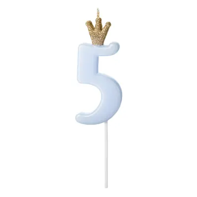 PartyDeco.pl Svíčka na dort s korunkou “5” SVĚTLE MODRÁ, 9,5 cm