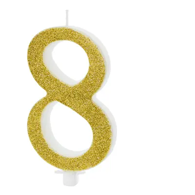 PartyDeco.pl Svíčka na dort glitrovaná "8" ZLATÁ, 10 cm