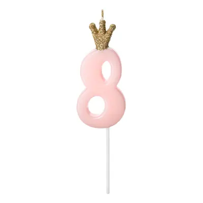 PartyDeco.pl Svíčka na dort s korunkou “8” SVĚTLE RŮŽOVÁ, 9,5 cm