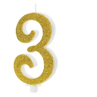 PartyDeco.pl Svíčka na dort glitrovaná "3" ZLATÁ, 10 cm