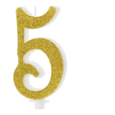 PartyDeco.pl Svíčka na dort glitrovaná "5" ZLATÁ, 10 cm