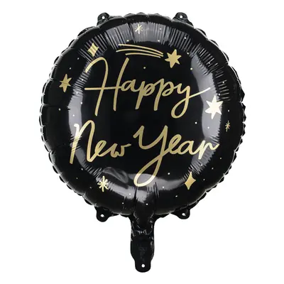 PartyDeco.pl Fóliový balónek "Happy New Year-hvězdy” ČERNÝ, 45 cm