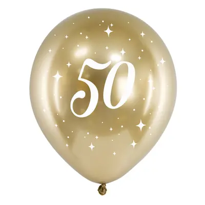 PartyDeco.pl Lesklý narozeninový balónek “50” ZLATÝ, 30 cm, 6 ks