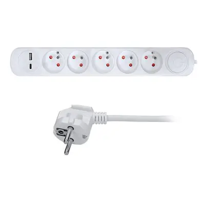 SOLIGHT PP152USBC prodlužovací přívod 3m 5 zásuvek, USB A+C 2.4A, bílý, 3x1mm2, vypínač