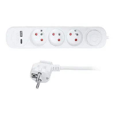 SOLIGHT PP111USBC prodlužovací přívodní kabel 2m s USB A+C nabíječkou 2.4A, vypínač, bílý