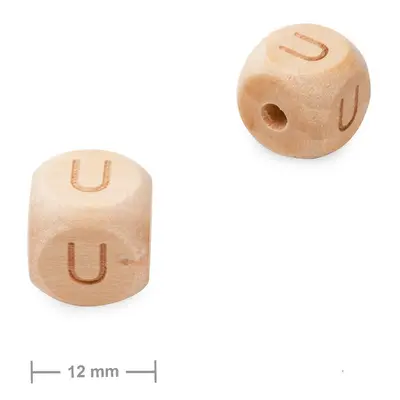 Dřevěný korálek kostka 12mm s písmenem U - 10 ks