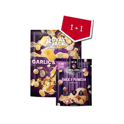 Sušené maso – Royal Jerky | Garlic&Parmesan dvojčata (jerky + popcorn) | 57 g