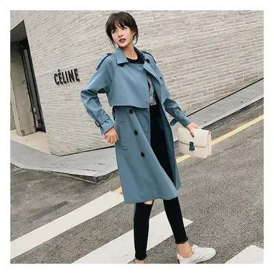 Klasický dvouřadý trench coat délky midi Barva: Nebeská